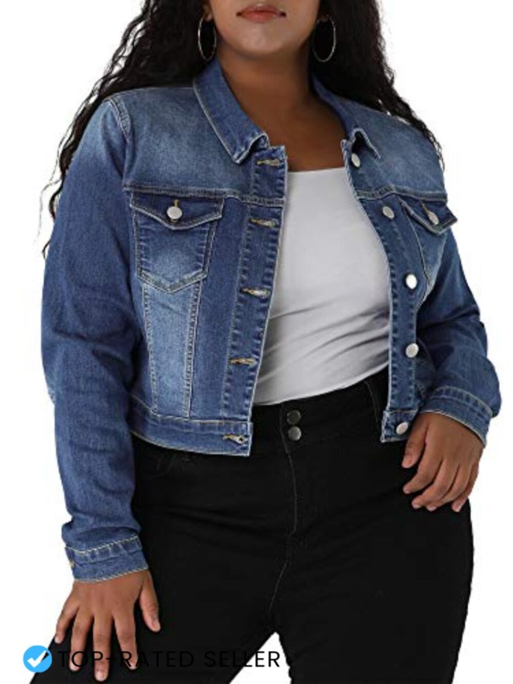 Women's Plus Size Cropped Denim Jacket Button Front Long Sleeve